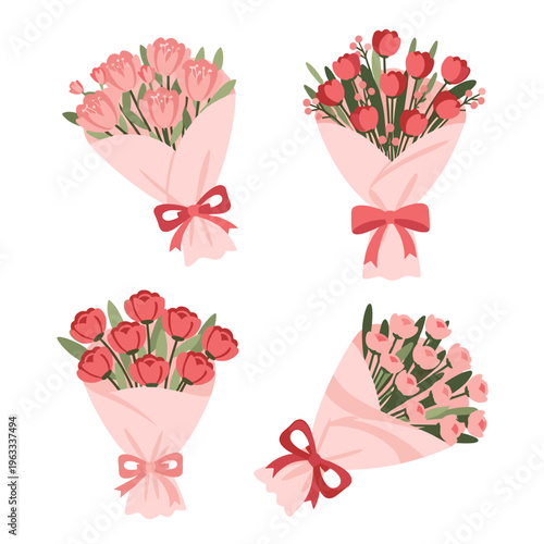Romantic Pink Flower Bouquets with Ribbons