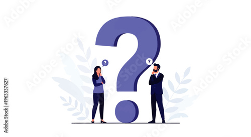Flat design illustration of a man and woman standing beside a large question mark in a vector graphic with a thoughtful mood against a clean white background.