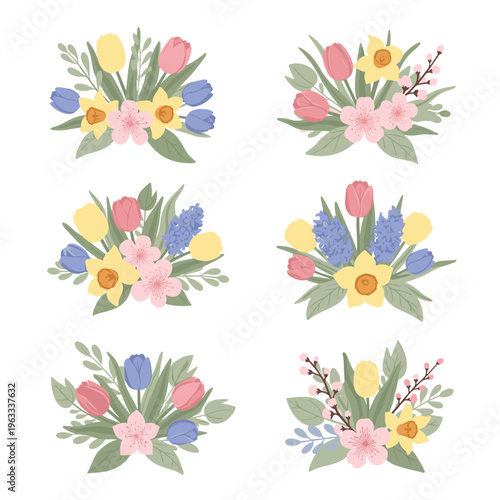 Set of Pastel Flower Bouquets and Clusters