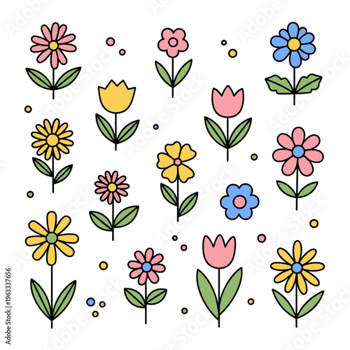 Set of Colorful Cartoon Flowers with Faces