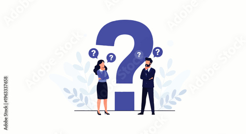Flat design illustration vector of a man and woman standing beside a large question mark with floating question marks, in a simple style.
