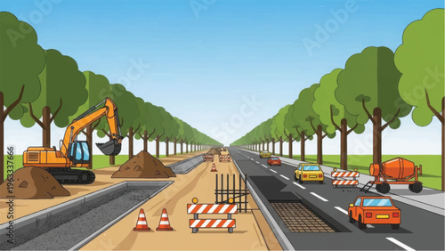 Road Construction and Infrastructure Repair on Tree-Lined Avenue with Excavator and Traffic. Vector Illustration.