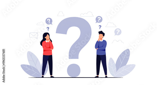 Flat design illustration vector of two people standing on either side of a large question mark with thought bubbles, conveying confusion and inquiry in a simple, modern style.