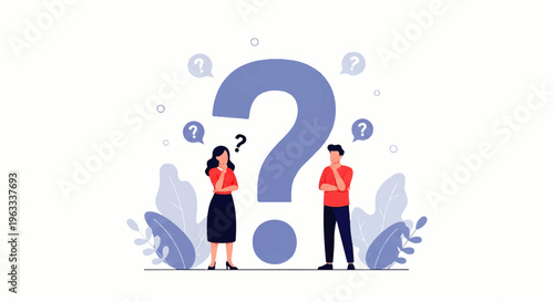 Flat design illustration of a man and woman standing thoughtfully with a large question mark in a vector style against a clean white background.