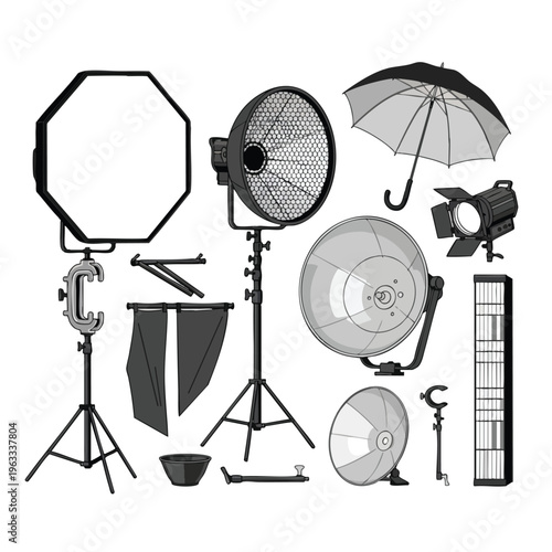 Assorted photographic lighting equipment and accessories arranged on a white background