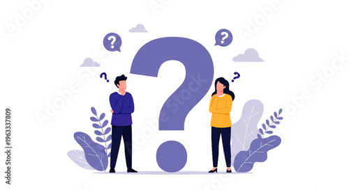 Flat design illustration of a man and woman standing thoughtfully around a large question mark in a vector graphic with purple and blue elements on a white background.