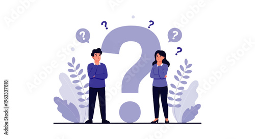 Flat design illustration of a man and woman standing thoughtfully on either side of a large question mark, surrounded by abstract shapes and leaves in a vector graphic with a contemplative