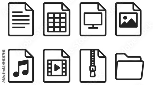 Set of eight black and white various file document format icons on white background