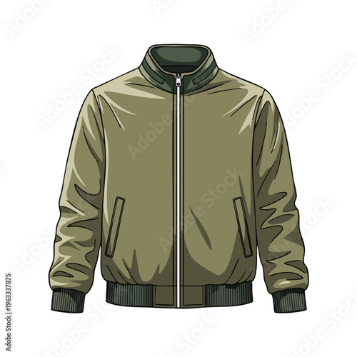 Olive green zippered bomber jacket with ribbed cuffs and collar