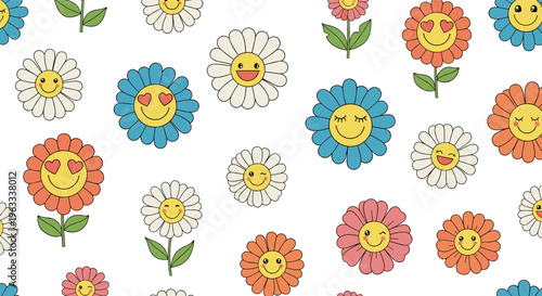 Cheerful seamless pattern of various smiling daisy flowers in blue white orange and pink colors against a white background.