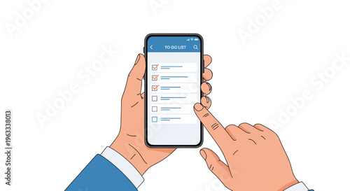 Two hands holding a mobile phone in portrait orientation displaying a completed to-do list with several items checked off.