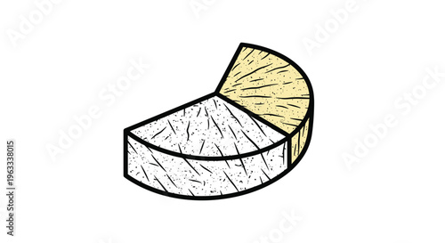 Detailed sketch illustration of a round wedge of cheese cut into two segments showing interior texture and rind over a white background.