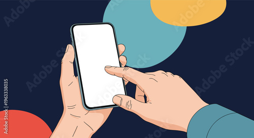 Person holding a smartphone with a blank mockup screen while using a finger to tap the display over a colorful background.