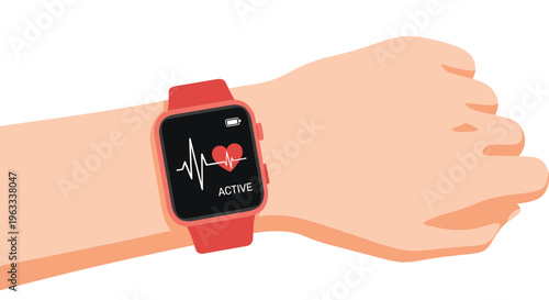 Smartwatch with a red strap worn on a wrist displaying a digital heart rate pulse and fitness activity status on the screen.