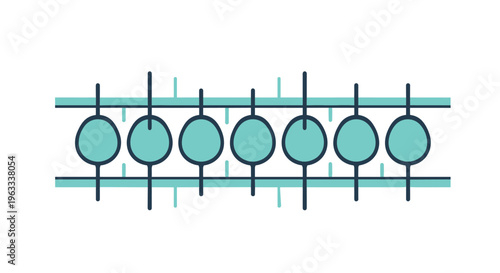 Abstract graphic featuring blue circles positioned on vertical lines between two horizontal borders resembling a modern abacus.