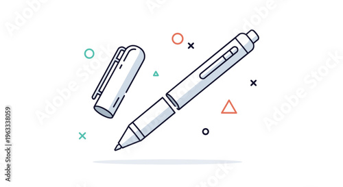 Detailed line art illustration of a technical pen and its separate cap surrounded by colorful abstract geometric shapes.