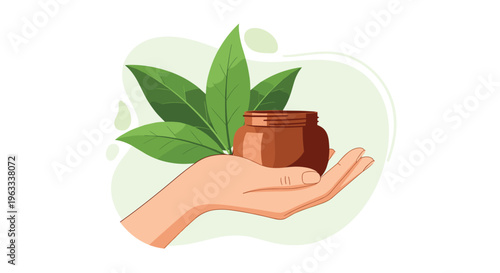 Human hand gently holding a brown cosmetic jar in front of fresh green leaves symbolizing natural and organic beauty care.
