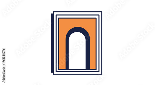 Stylized illustration of an orange book featuring a dark blue arch shape on the cover as a simple and clean graphic icon.