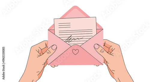 Two hands holding an open pink envelope containing a letter with a handwritten signature and a small heart on the front.