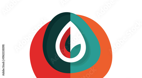 Abstract graphic design featuring a white leaf or drop shape centered within layered colorful circles of red and teal.