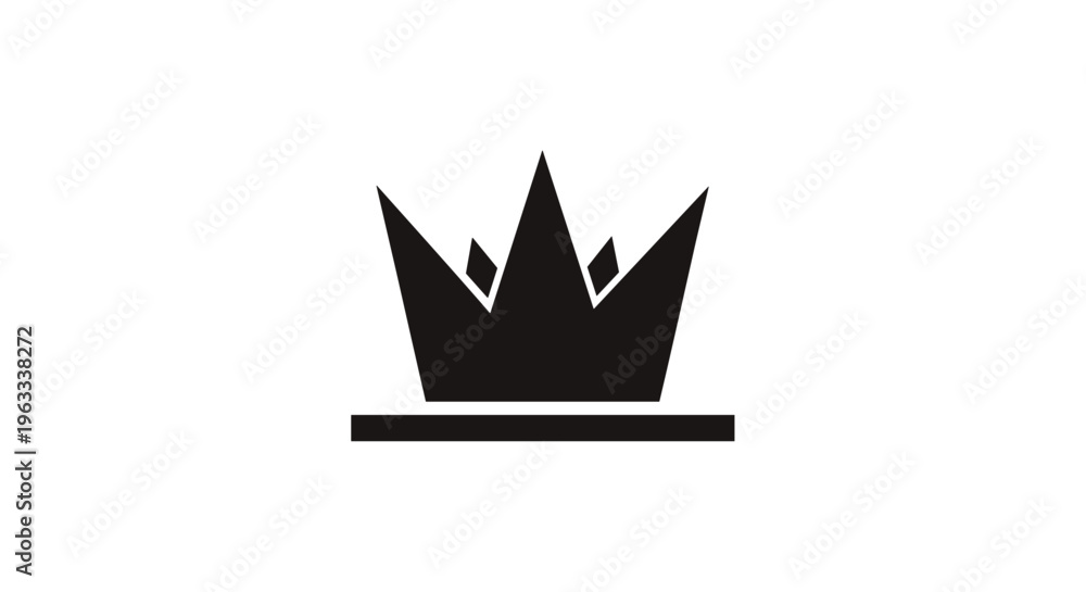 Fototapeta premium Bold black silhouette of a crown with five points resting on a thick horizontal line isolated on a white background.