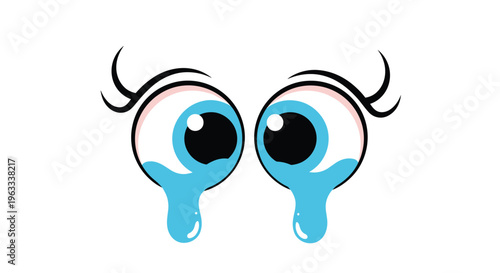 Cartoon illustration of a pair of large blue eyes with long eyelashes and tears flowing down expressing sadness or sorrow.