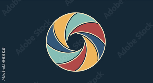 Vintage style camera shutter aperture icon with colorful blades in yellow teal blue and red on a dark blue background.
