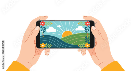 Person holding a smartphone in landscape orientation displaying a colorful illustration of a sunny hills and meadow view.