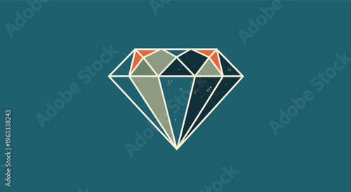 Stylized diamond gemstone illustration with colorful facets in teal green and orange on a dark blue textured background.