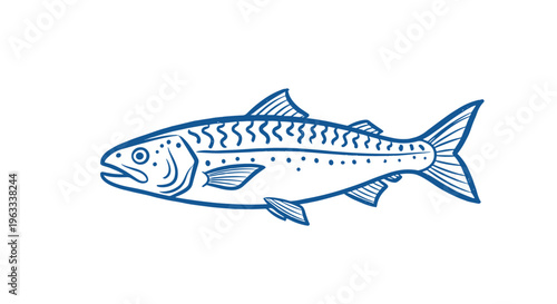 Detailed blue line drawing of a fish with intricate scales and fins in a traditional sketch style on a white background.