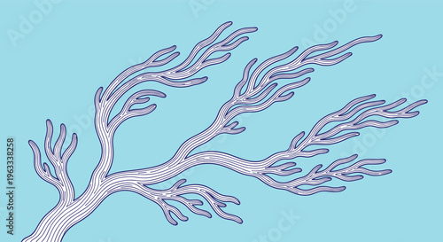 Intricate line art illustration of a branched coral or seaweed structure in blue on a light aqua background for marine themes.