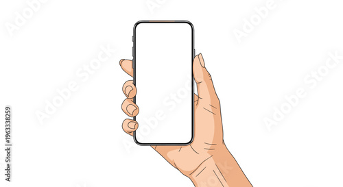 Hand holding a modern smartphone in portrait orientation with a blank white screen for mobile application mockup.