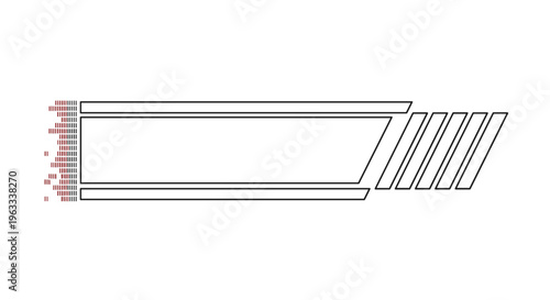 Abstract graphic design featuring a long rectangular box with speed lines on the right and pixel disintegration on the left.