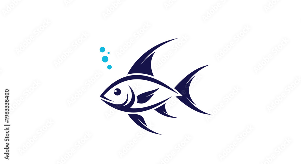 Fototapeta premium Stylized dark blue fish icon with a high dorsal fin and small light blue bubbles representing underwater marine life.