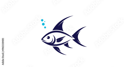 Stylized dark blue fish icon with a high dorsal fin and small light blue bubbles representing underwater marine life.