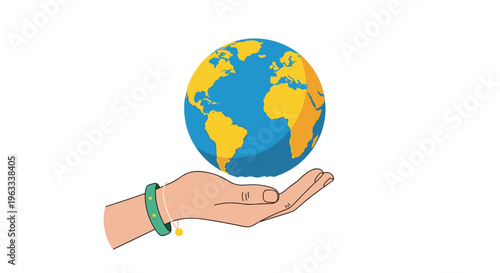 Human hand wearing a green bracelet carefully supporting a colorful globe of the Earth suggesting environmental care.