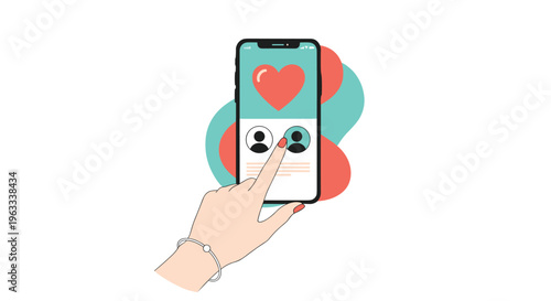 Hand using a dating application on a smartphone with a red heart and user profiles on a colorful background.