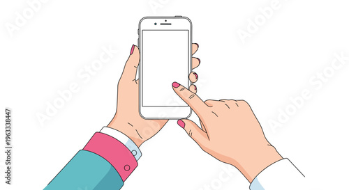 Close up of two hands holding a modern white smartphone with a blank screen for app interface demonstration.