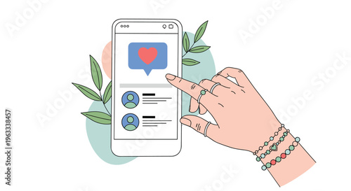 Hand of a woman with bracelets and rings interacting with a social media post on a smartphone screen.