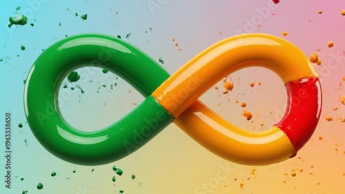 A colorful infinity symbol with green, orange, and red sections against a vibrant, multicolored background with splatters, representing creativity and innovation on a bright day.