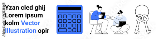 Digital calculator, two individuals discussing with tablets and laptops, key pair symbolizing access. Ideal for teamwork, productivity, strategy, planning, collaboration, finance simple landing page