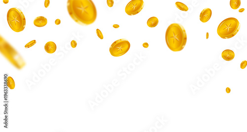 Falling gold coins rain isolated on transparent background. Golden star coins of million dollars lottery games prize. Cash explosion and flying coin vector illustration