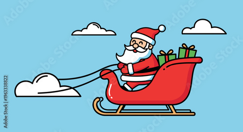 Santa Claus joyfully riding a red sleigh filled with gifts, against a bright blue sky with fluffy clouds, in a cheerful cartoon style illustration
