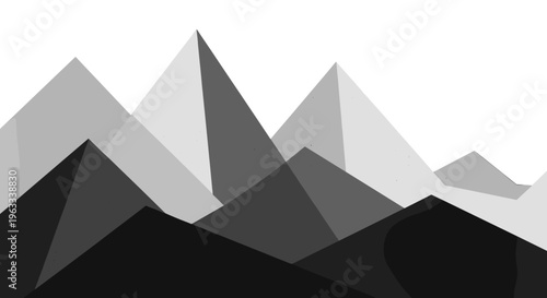 Monochrome ink painting of abstract mountains with layered geometric peaks against a stark white background, conveying a minimalist and serene atmosphere