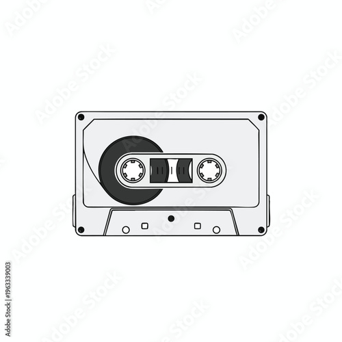 Flat illustration of a white audio cassette tape with black details