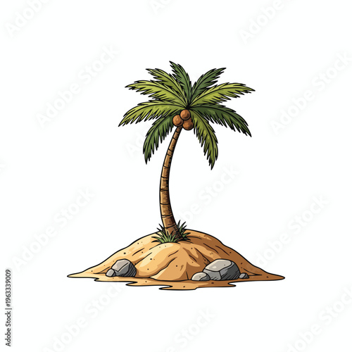 Lone palm tree with coconuts sprouts from a sandy island with rocks