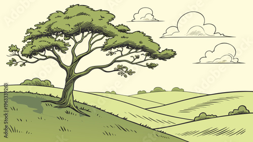 Soft rolling hills with lone tree and clouds, vintage flat vector style, peaceful countryside scenery, nature background for travel, agriculture, and eco themes.