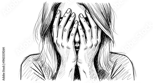 Illustration of a woman covering her face with her hands, sketched in black and white with detailed linework and a focus on emotion and expression