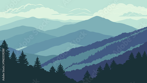 Calm layered mountain silhouettes in blue tones, atmospheric perspective, minimalist vector design, serene nature background for travel and outdoor themes.