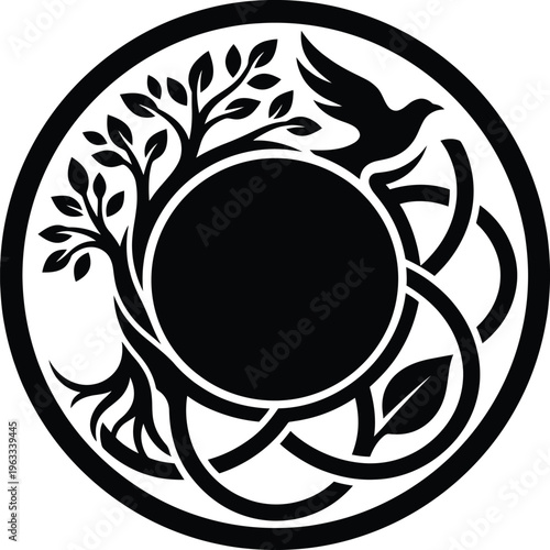 High resolution black and white symbolic visual depicting nature and unity in a elaborate circular emblem.